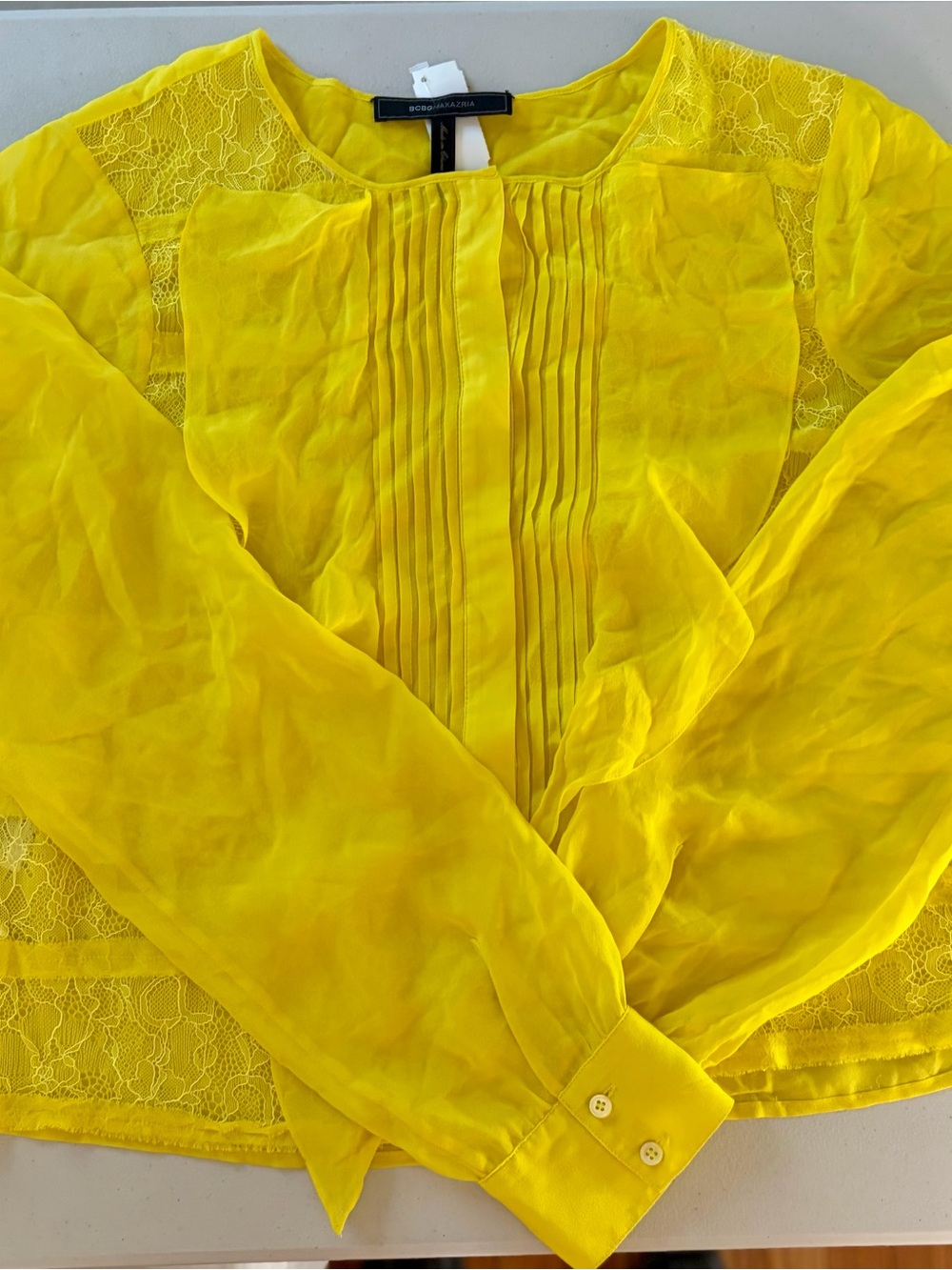BCBGMaxAzria Bright Yellow Sheer Lace Blouse Med